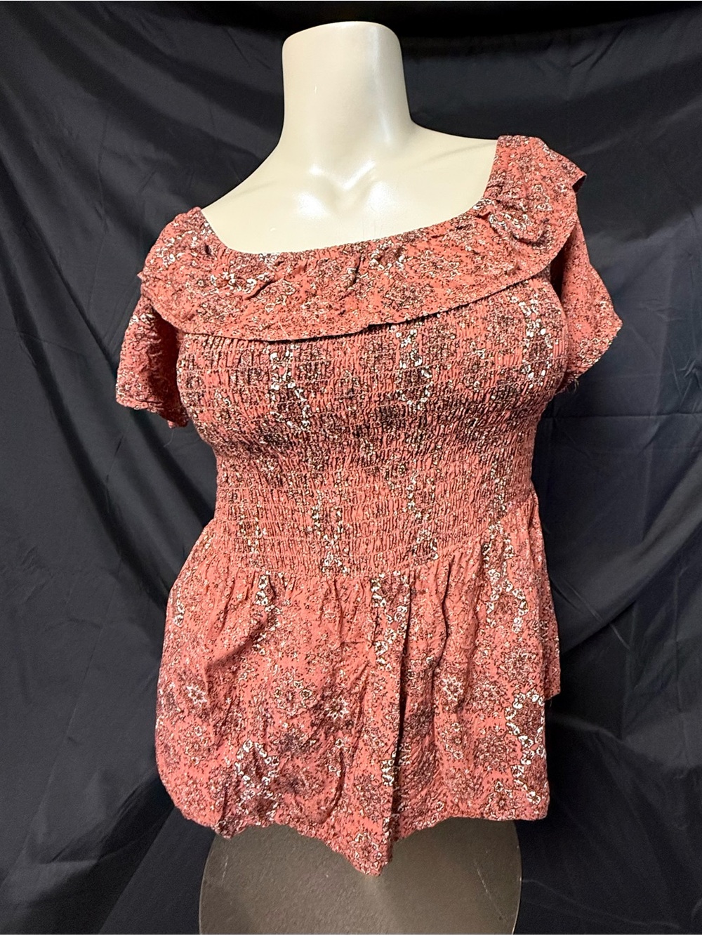 Maurices Coral Floral Smocked Ruffle Neck Top